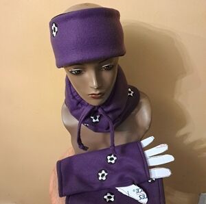 NEW 3PC HANDMADE FLEECE REVERSIBLE HEADBAND & FINGERLESS GLOVES,NECK WARMER SET